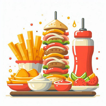 Fast food vector illustration. Hamburger, french fries, tomato sauce and ketchup.のイラスト素材