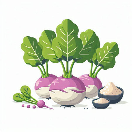 Vector illustration of fresh red turnip with leaves and seeds on white backgroundのイラスト素材