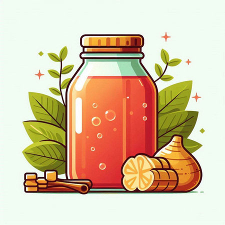Honey in a glass jar with ginger and cinnamon. Vector illustrationのイラスト素材