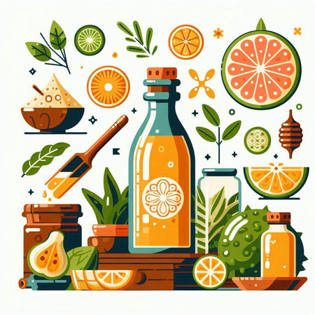 Citrus drink in bottle with fruits and leaves. Vector illustration.のイラスト素材