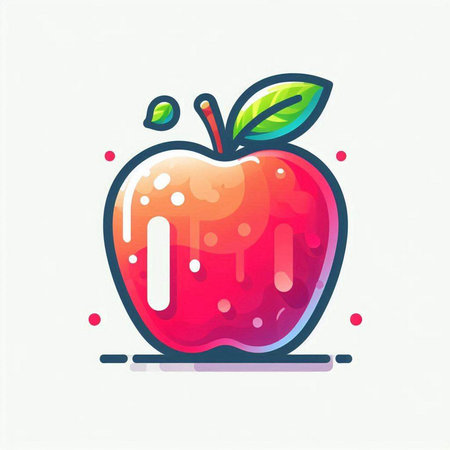 Red apple with green leaf and drops of water. Vector illustration.のイラスト素材