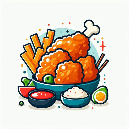 Fried chicken drumstick with sauce and vegetables, vector illustration.のイラスト素材