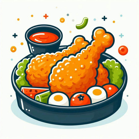 Illustration of fried chicken in a frying pan with sauce and vegetablesのイラスト素材