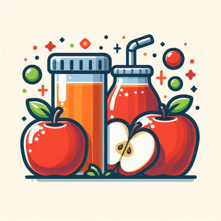 Apple juice bottle, apple and apple slices. Vector illustration in flat style.のイラスト素材
