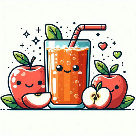 Apple juice in a glass and apple slices. Vector cartoon character illustration.のイラスト素材