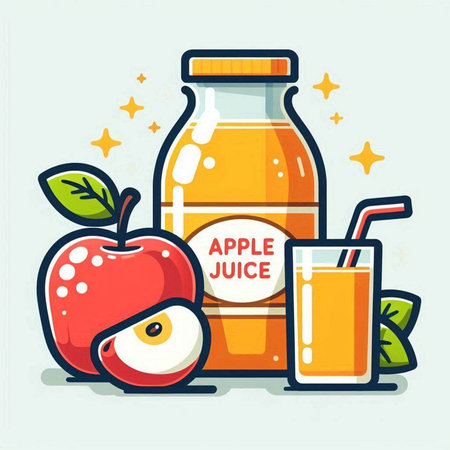 Apple juice in bottle and glass with apple slices. Vector illustration.のイラスト素材