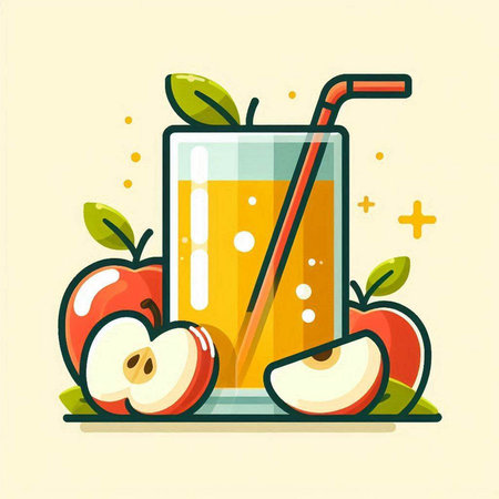 Apple juice in a glass with apple slices and a straw. Vector illustration.のイラスト素材