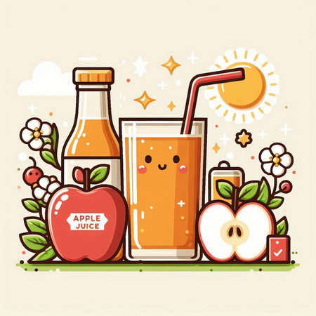 Apple juice in a glass and a bottle with a straw. Vector illustration.のイラスト素材