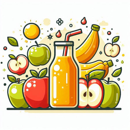 Vector illustration of fresh juice in bottle with apple and banana. Healthy food concept.のイラスト素材