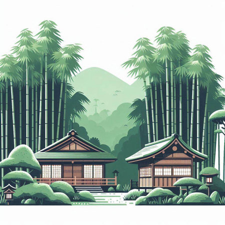 Japanese traditional house in the bamboo forest, vector illustration eps10のイラスト素材