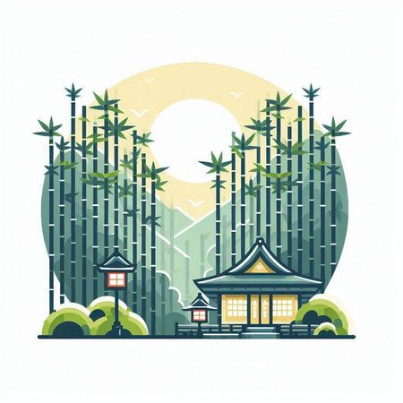 Bamboo forest and chinese temple in flat style. Vector illustration.のイラスト素材