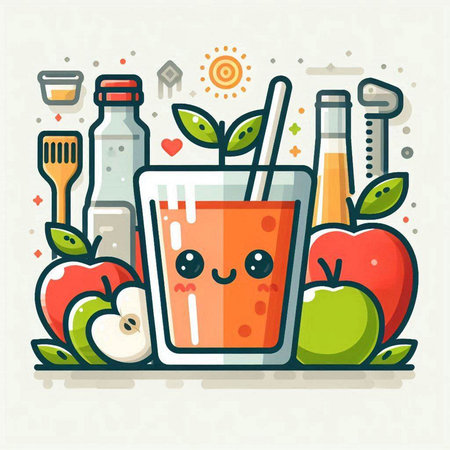 Cute vector illustration of apple juice with fruits and vegetables in flat style.のイラスト素材