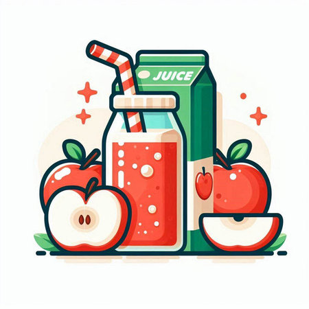 Vector illustration of fresh juice in a glass bottle with a straw, apple and apple slices on a white background.のイラスト素材