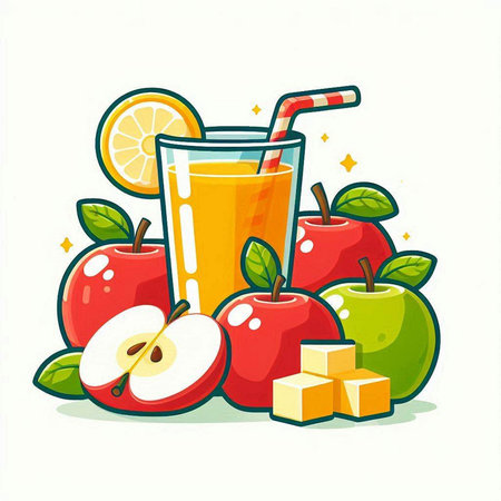 Apple juice in glass and fresh fruits on white background. Vector illustration.のイラスト素材
