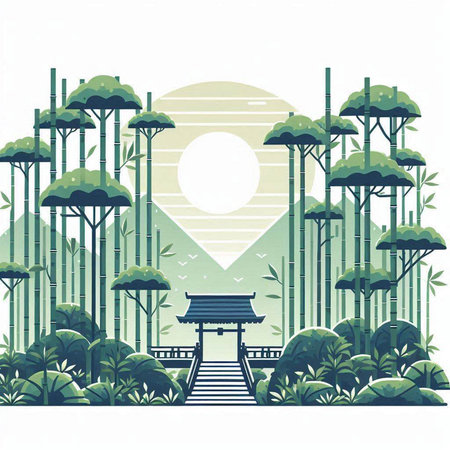 Landscape of bamboo forest and temple in Japan. Vector illustration.のイラスト素材