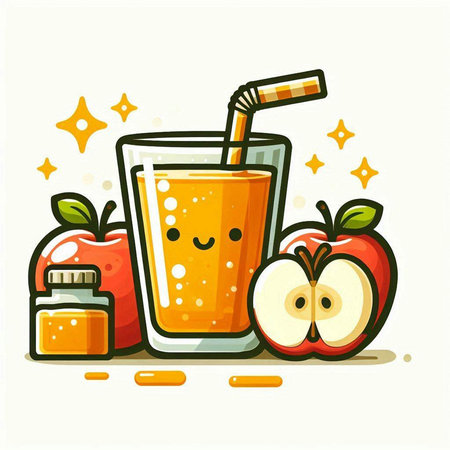 Smiling apple juice in glass with straw and apple slices. Vector illustrationのイラスト素材
