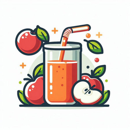 Apple juice in a glass with a straw and ripe apples. Vector illustration.のイラスト素材