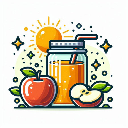 Apple juice in a jar with a straw and apples. Vector illustration.のイラスト素材