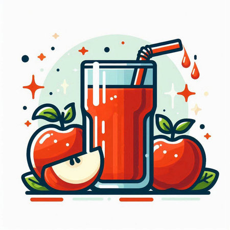 Apple juice in a glass with a straw and apples. Vector illustration.のイラスト素材