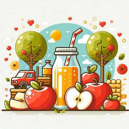 Apple juice in a glass bottle and fresh apples in the garden. Vector illustration.のイラスト素材