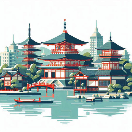 chinese temple on the water, vector illustration, eps10のイラスト素材