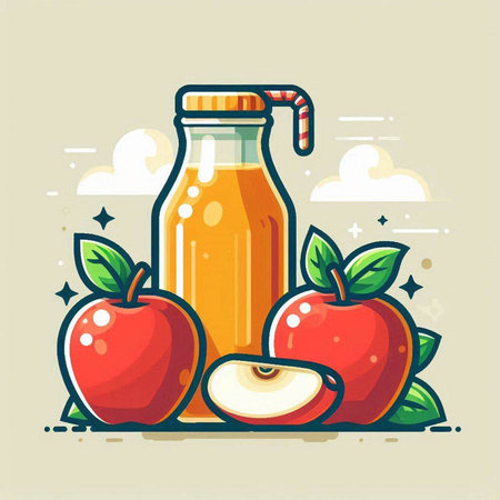 Apple juice in a glass jar and fresh apples. Vector illustration.のイラスト素材
