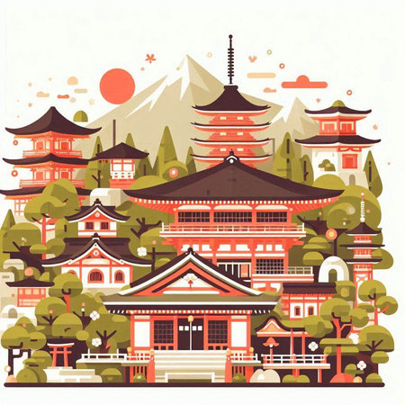 Vector illustration of japanese traditional architecture in flat style. Travel and tourism.のイラスト素材