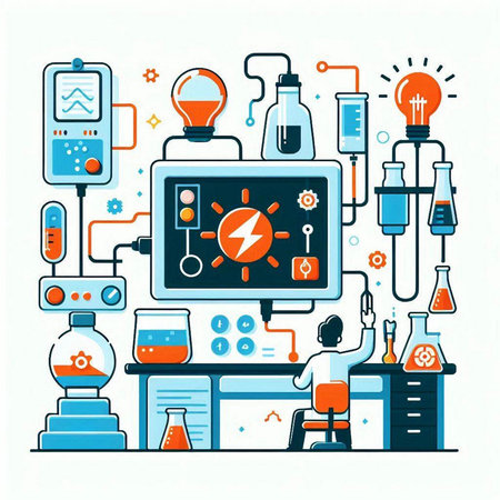 Vector illustration of laboratory equipment. Science and technology background. Flat line art style design.のイラスト素材