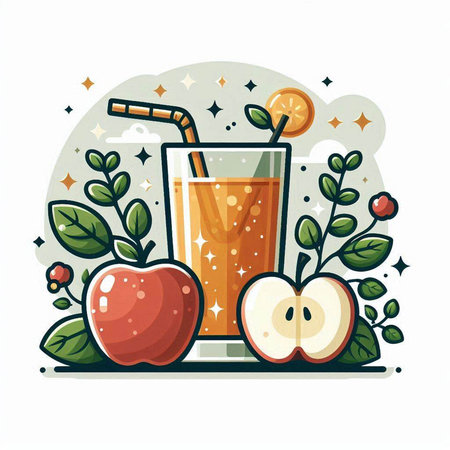 Apple juice in a glass with a straw and apples. Vector illustration.のイラスト素材