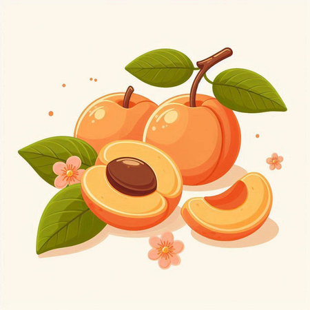 Apricot vector illustration. Apricot fruit with leaves and flowers.のイラスト素材