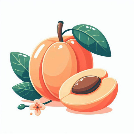 Apricot fruit with leaves isolated on white background. Vector illustration.のイラスト素材