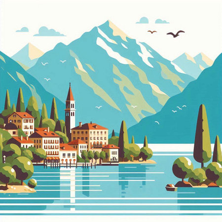 Beautiful landscape of Lake Garda in Italy. Vector illustration.のイラスト素材