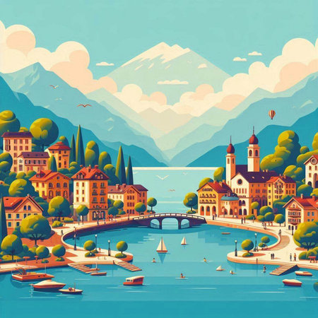Beautiful landscape of Lake Lucerne, Switzerland. Vector illustrationのイラスト素材