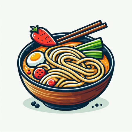 Bowl of udon noodle with egg and vegetables. Vector illustration.のイラスト素材