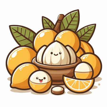 Illustration of a group of oranges in a wooden bowl with orange slices.のイラスト素材