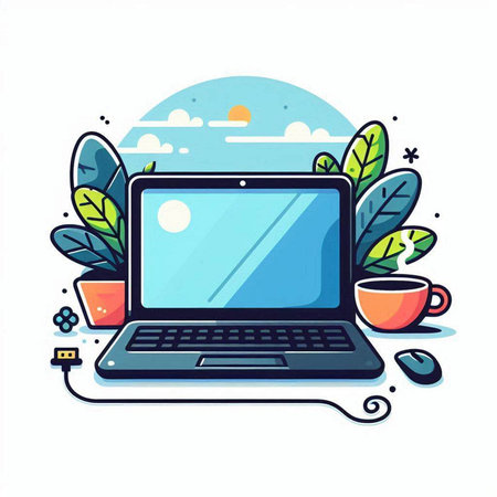 Laptop with cup of coffee and plant. Flat vector illustration.のイラスト素材