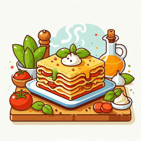 Illustration of a stack of lasagna with tomato sauce and basilのイラスト素材