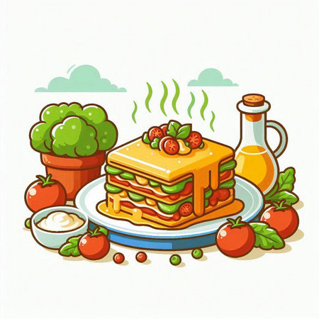 Illustration of a tasty lasagna on a plate with ingredients.のイラスト素材