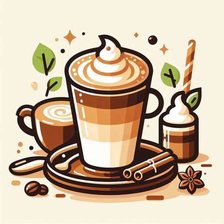 Coffee cup with whipped cream and cinnamon. Vector illustration.のイラスト素材