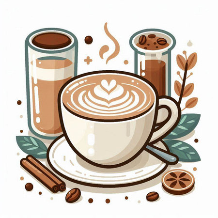 Coffee cup with latte art and coffee beans. Vector illustration.のイラスト素材