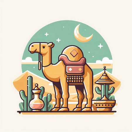 Camel and cacti in the desert. Vector illustration.のイラスト素材