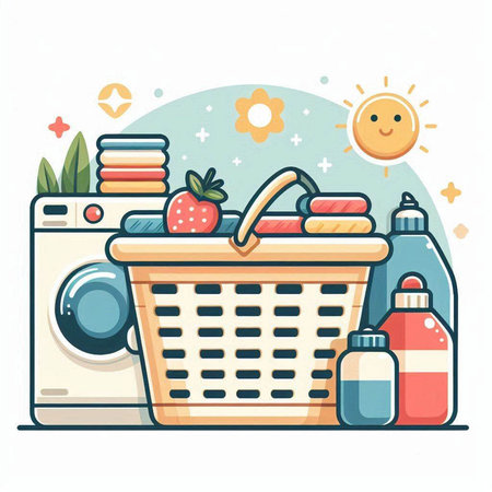 Laundry basket with detergents and washing machine. Vector illustration.のイラスト素材