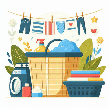 Laundry basket with cleaning products. Flat style vector illustration.のイラスト素材