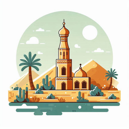 Vector illustration of egyptian mosque on the background of the desertのイラスト素材