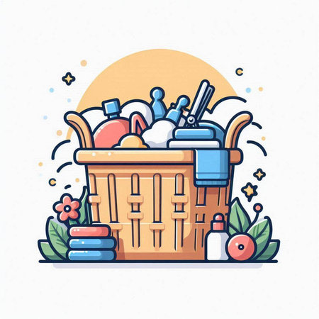 Basket with cleaning products. Cleaning service concept. Vector illustration.のイラスト素材
