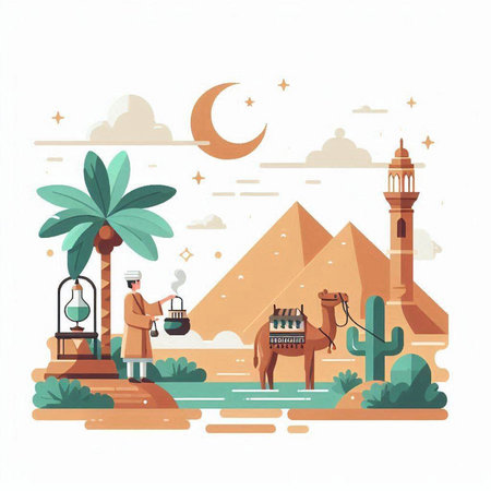 Vector illustration of Egypt travel concept in flat style. Landscape with camel, pyramids, cactuses, lanterns, lanterns, palm trees.のイラスト素材