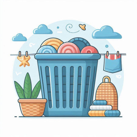 Plastic trash bin with cleaning supplies. Vector illustration in cartoon style.のイラスト素材