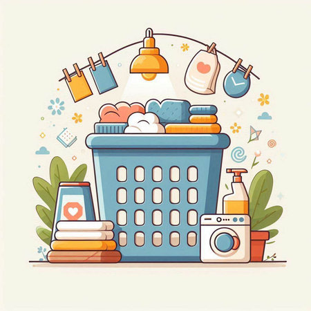 Laundry basket with washing machine, washing powder, detergent and clothespins. Flat style vector illustration.のイラスト素材