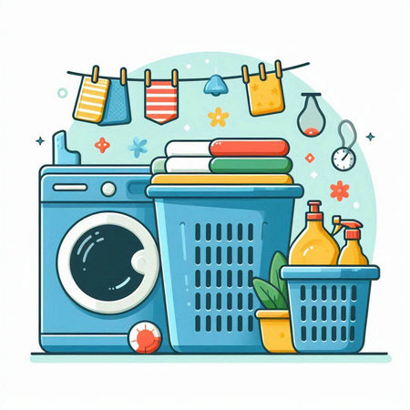 Laundry service. Vector illustration of washing machine, laundry basket, washing powder, towels, detergents.のイラスト素材