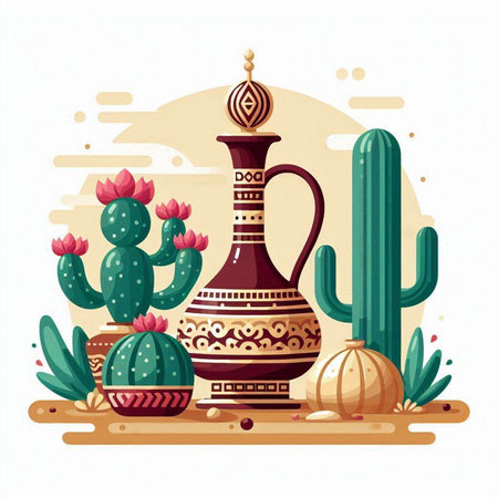 Cacti and earthenware. Vector illustration in flat styleのイラスト素材